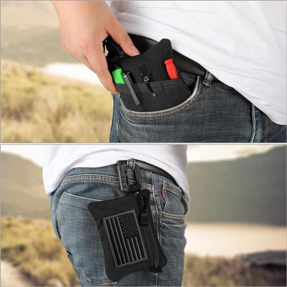 2 Pack Tactical Compact EDC Pouches w/2 US Flag Patches + 2 D-Rings - Picture 5 of 6